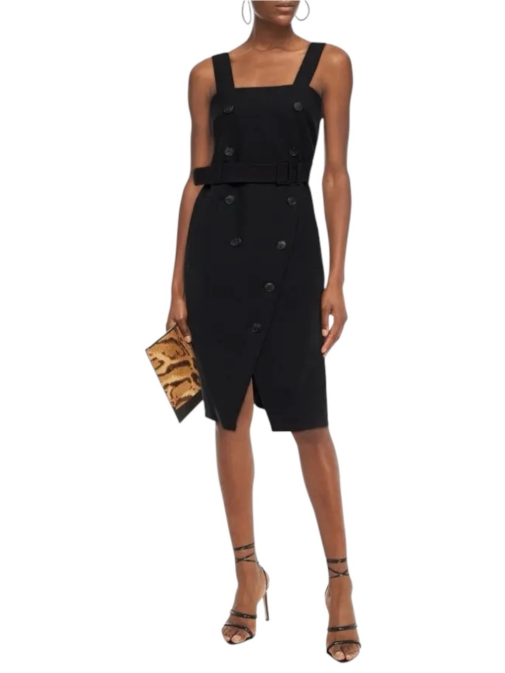 ba&sh Moon Belted Wrap Black Double-Breasted Belted Midi Dress with Wide Straps